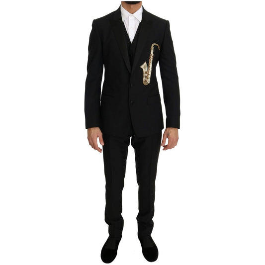 Dolce & Gabbana Elegant Black Three-Piece Suit with Saxophone Embroidery Suit black-wool-silk-saxophone-slim-fit-suit