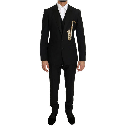 Dolce & Gabbana Elegant Black Three-Piece Suit with Saxophone Embroidery Suit Dolce & Gabbana