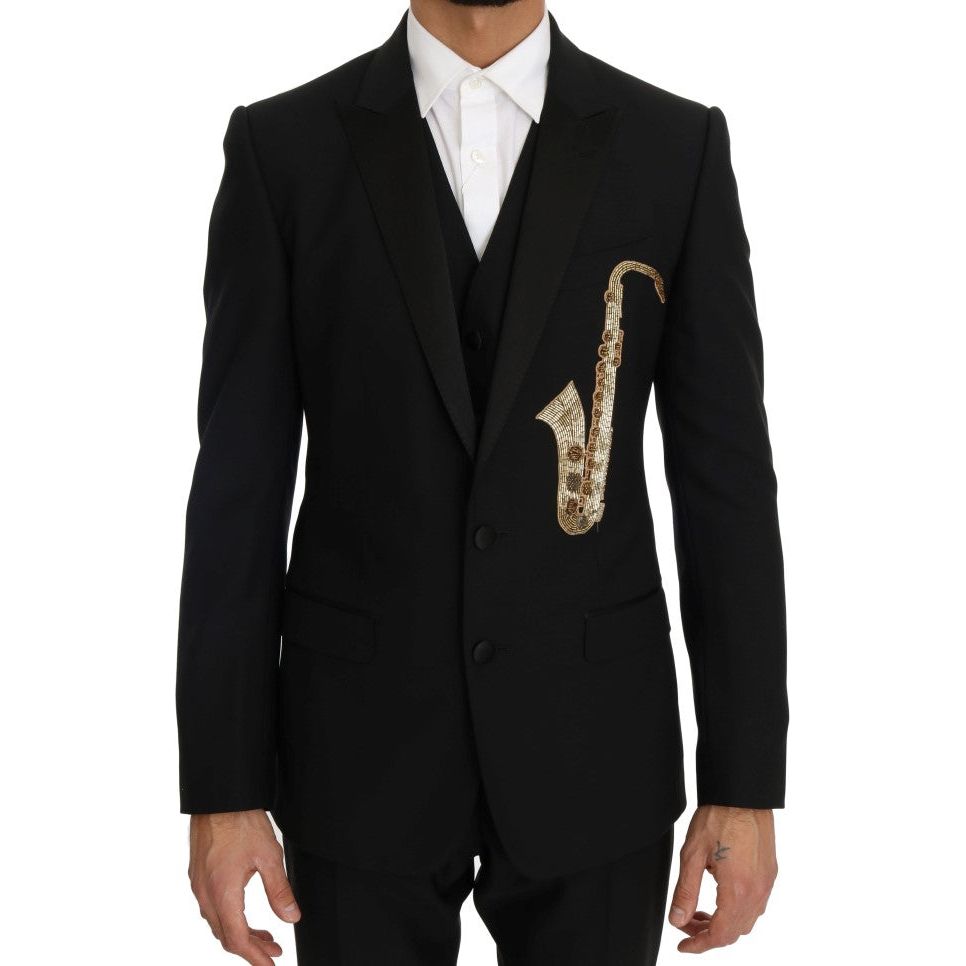 Dolce & Gabbana Elegant Black Three-Piece Suit with Saxophone Embroidery Suit Dolce & Gabbana