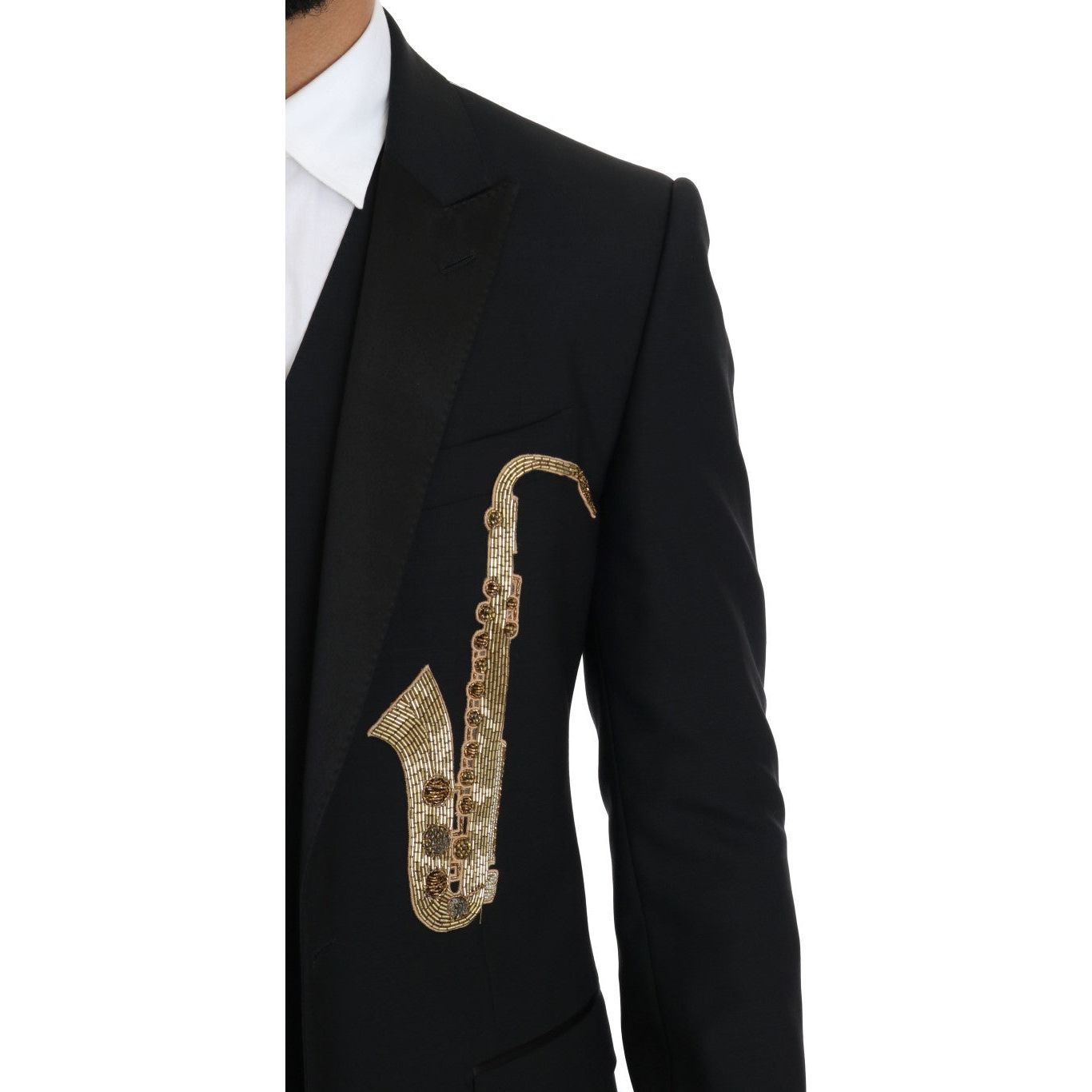 Dolce & Gabbana Elegant Black Three-Piece Suit with Saxophone Embroidery Suit Dolce & Gabbana