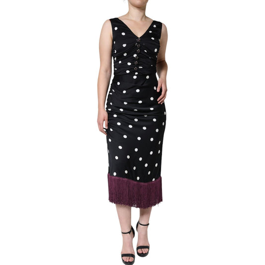 Dolce & Gabbana Black Silk Polka Dot V-neck Tassel Midi Dress Dolce & Gabbana