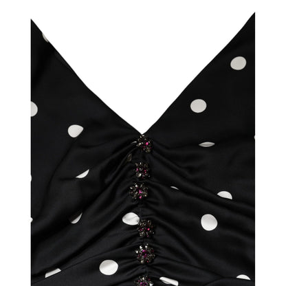 Dolce & Gabbana Black Silk Polka Dot V-neck Tassel Midi Dress