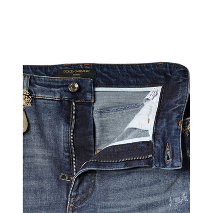Dolce & Gabbana Dark Blue Cotton Tattered Skinny Denim Jeans