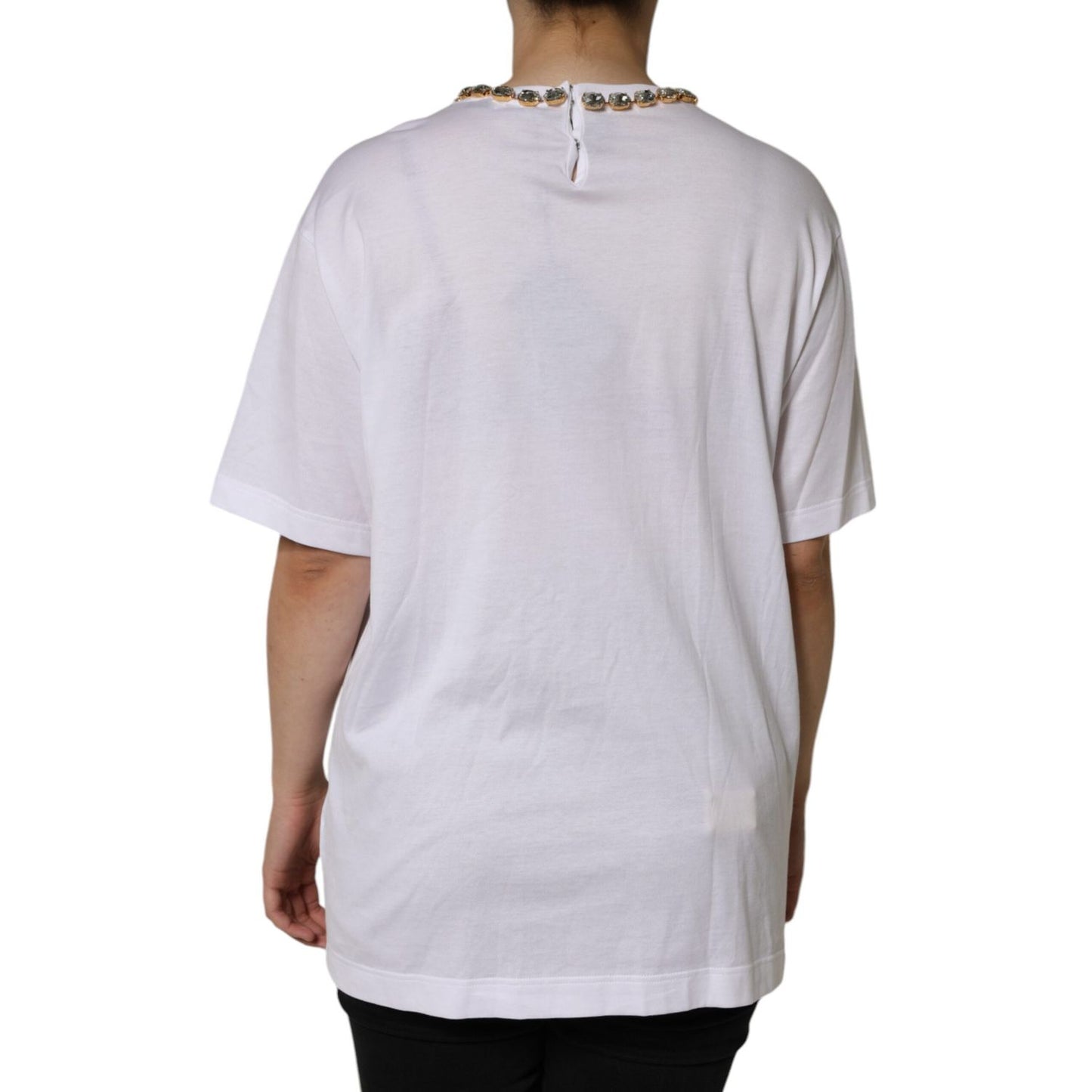 Dolce & Gabbana White Crystal Neckline Embellished Printed T-shirt