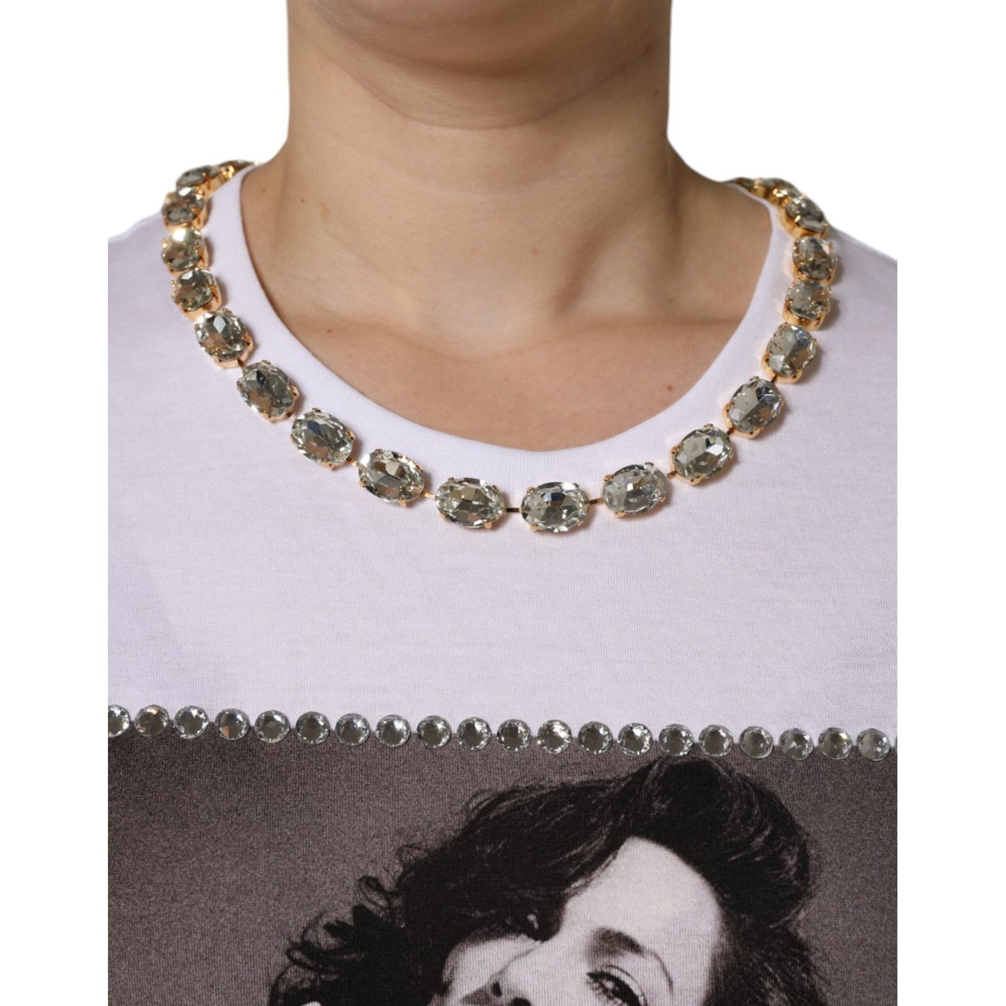 Dolce & Gabbana White Crystal Neckline Embellished Printed T-shirt Dolce & Gabbana