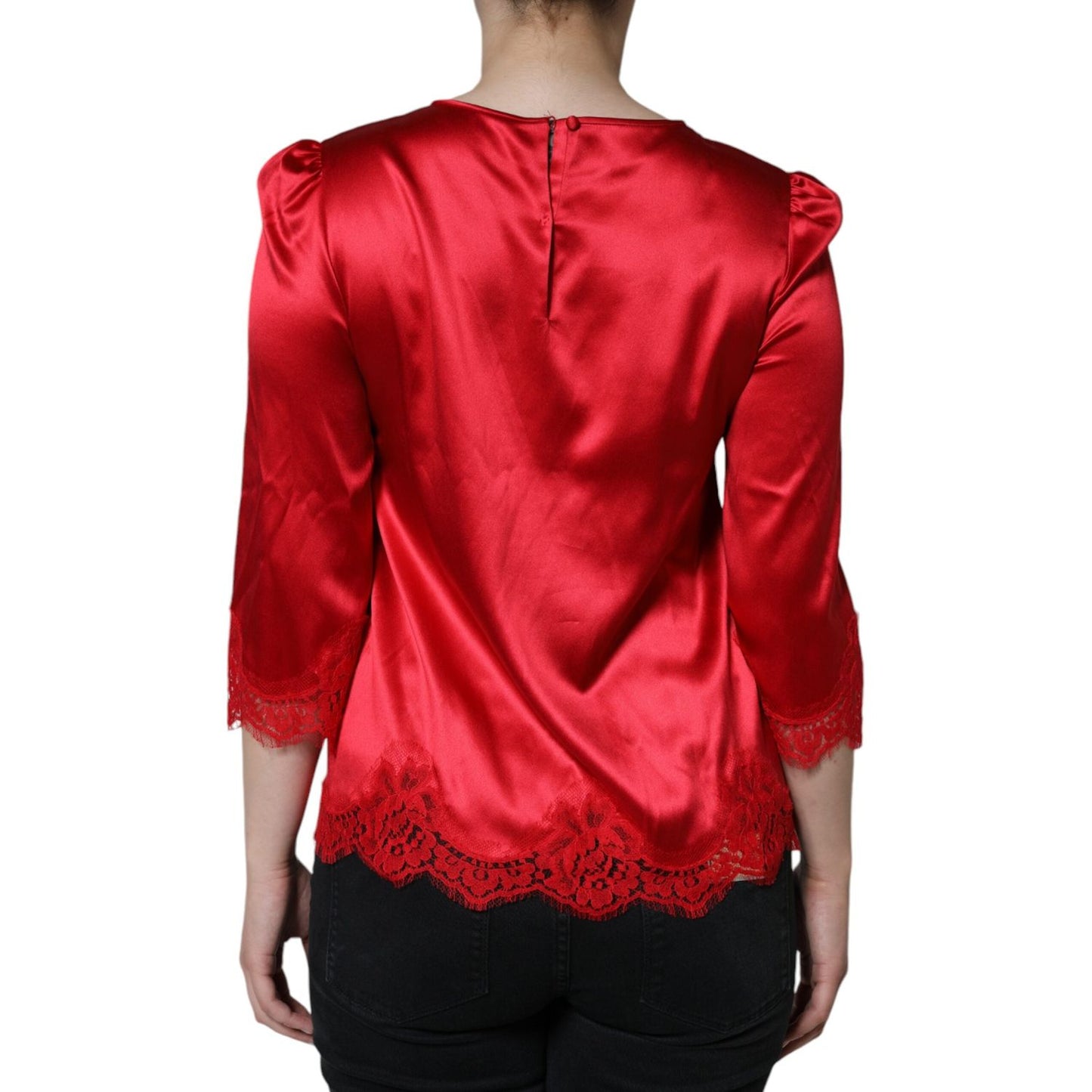 Dolce & Gabbana Red Satin Lace Trim Round Neck Blouse Top Dolce & Gabbana