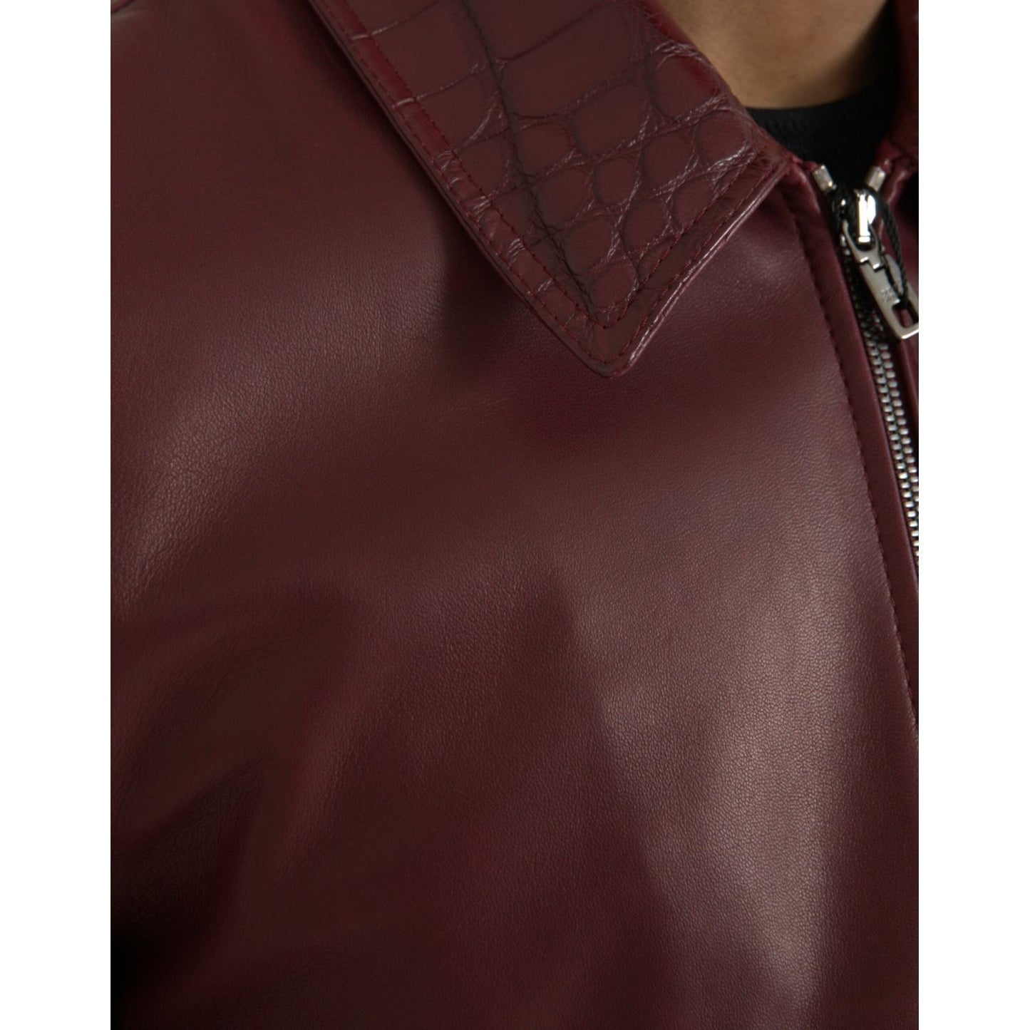 Dolce & Gabbana Maroon Exotic Leather Zip Biker Coat Jacket maroon-exotic-leather-zip-biker-coat-jacket