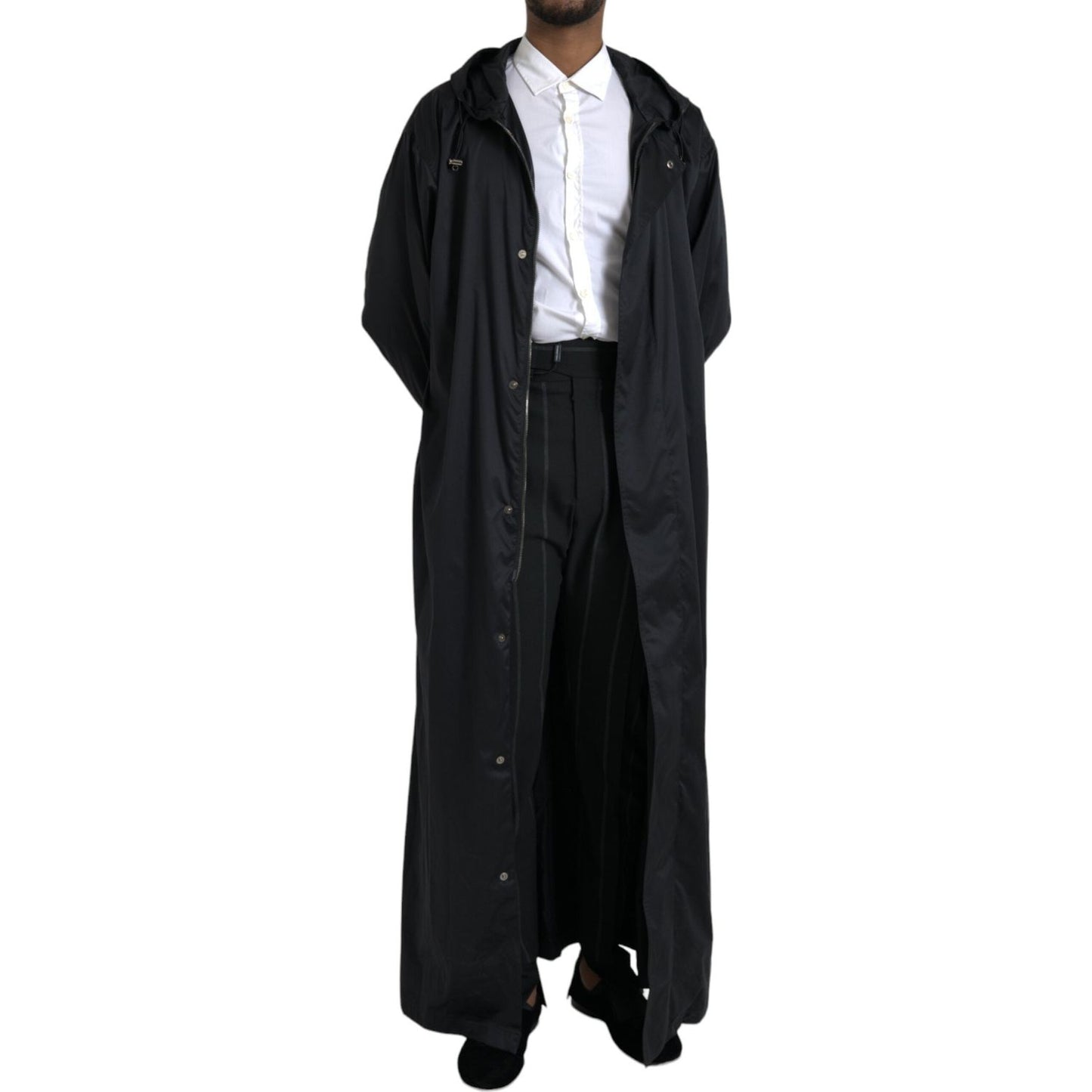 Dolce & Gabbana Black Polyester Hooded Long Windbreaker Jacket black-polyester-hooded-long-windbreaker-jacket