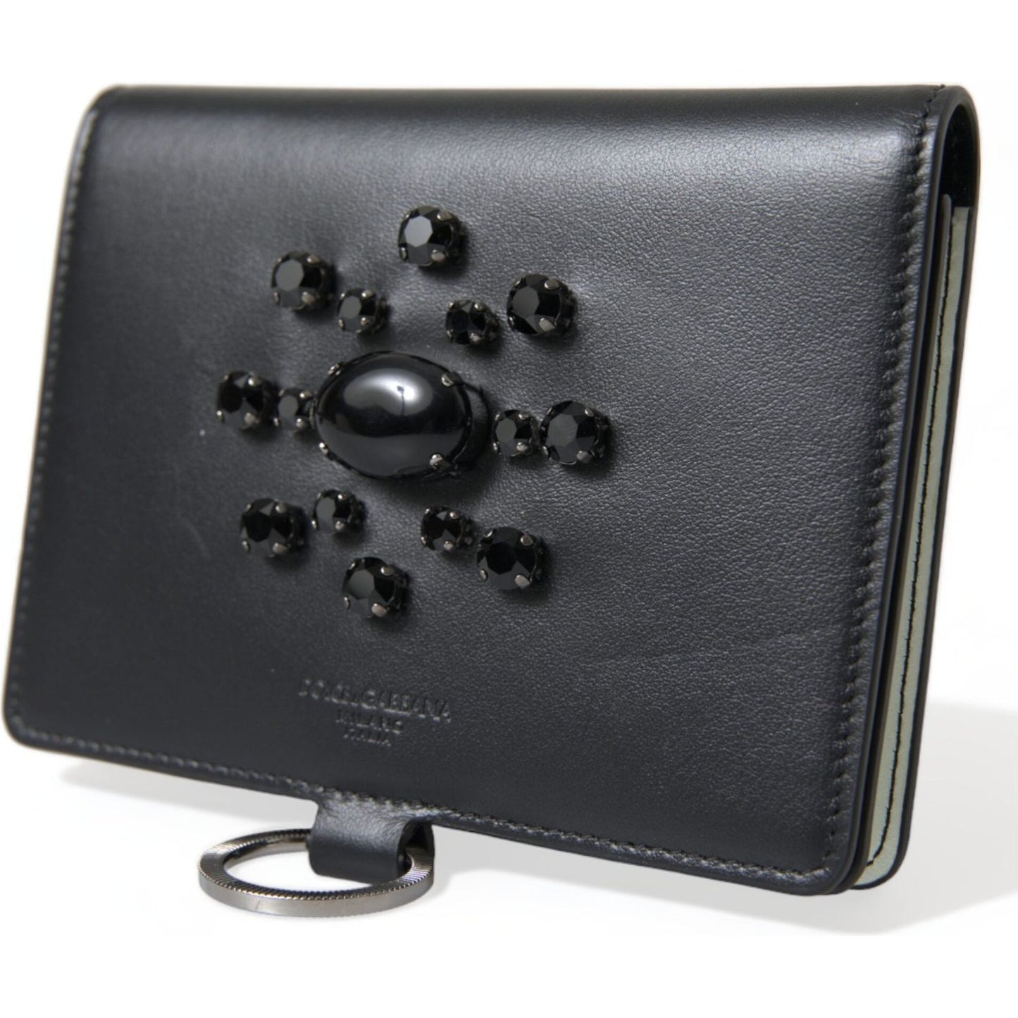 Dolce & Gabbana Elegant Black Leather Crystal Card Holder Wallet black-leather-crystal-embellished-card-holder-wallet