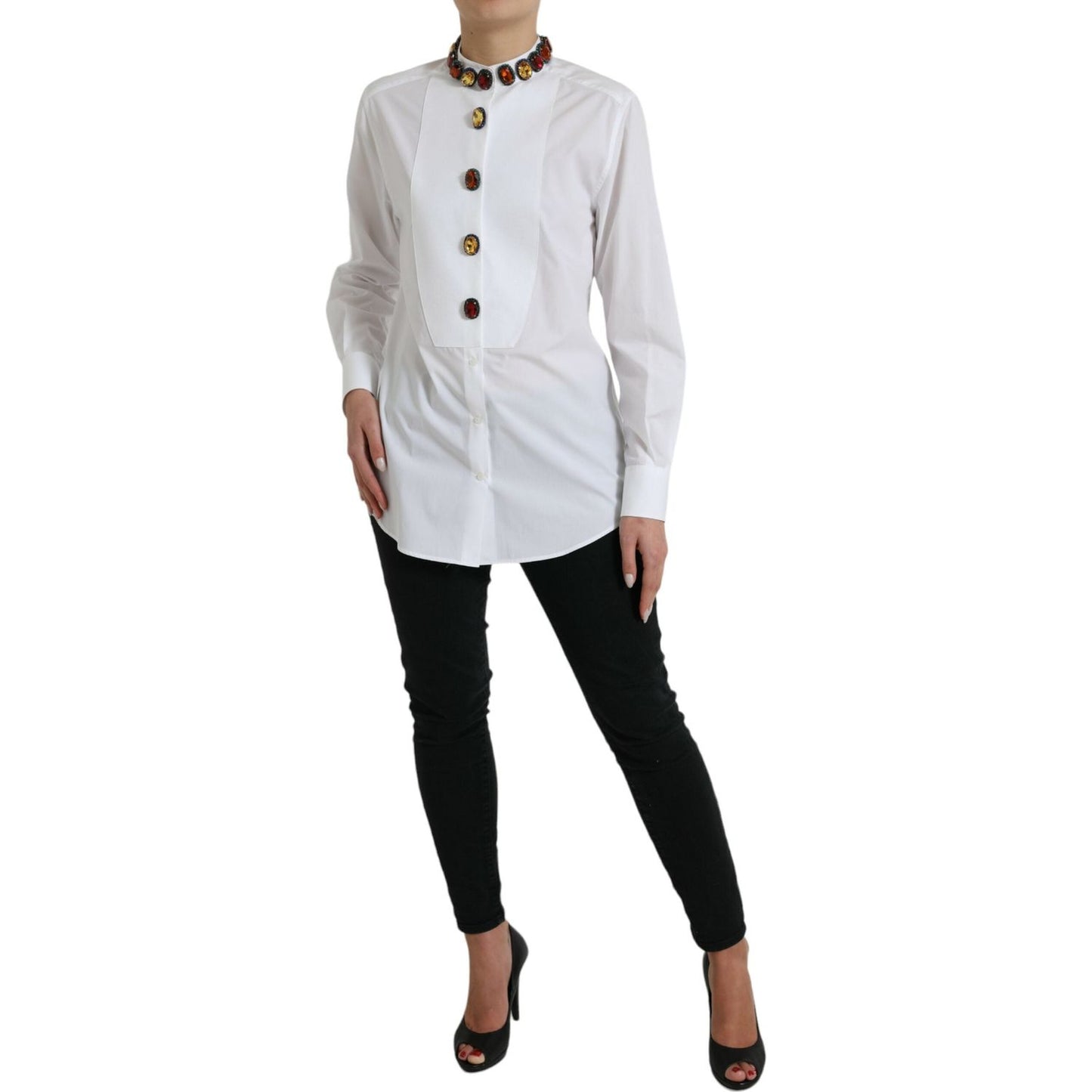 Dolce & Gabbana Elegant Crystal-Embellished White Cotton Top white-cotton-crystals-embellished-shirt-top