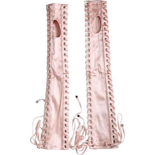 Pink Acetate Lace Up Fingerless Gloves