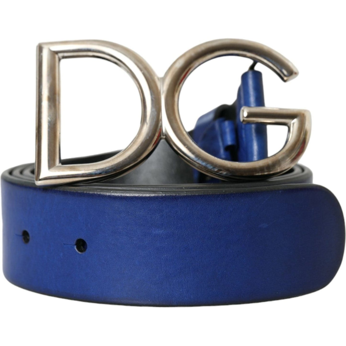 Blue Leather Silver Metal Logo Buckle Belt Men Dolce & Gabbana
