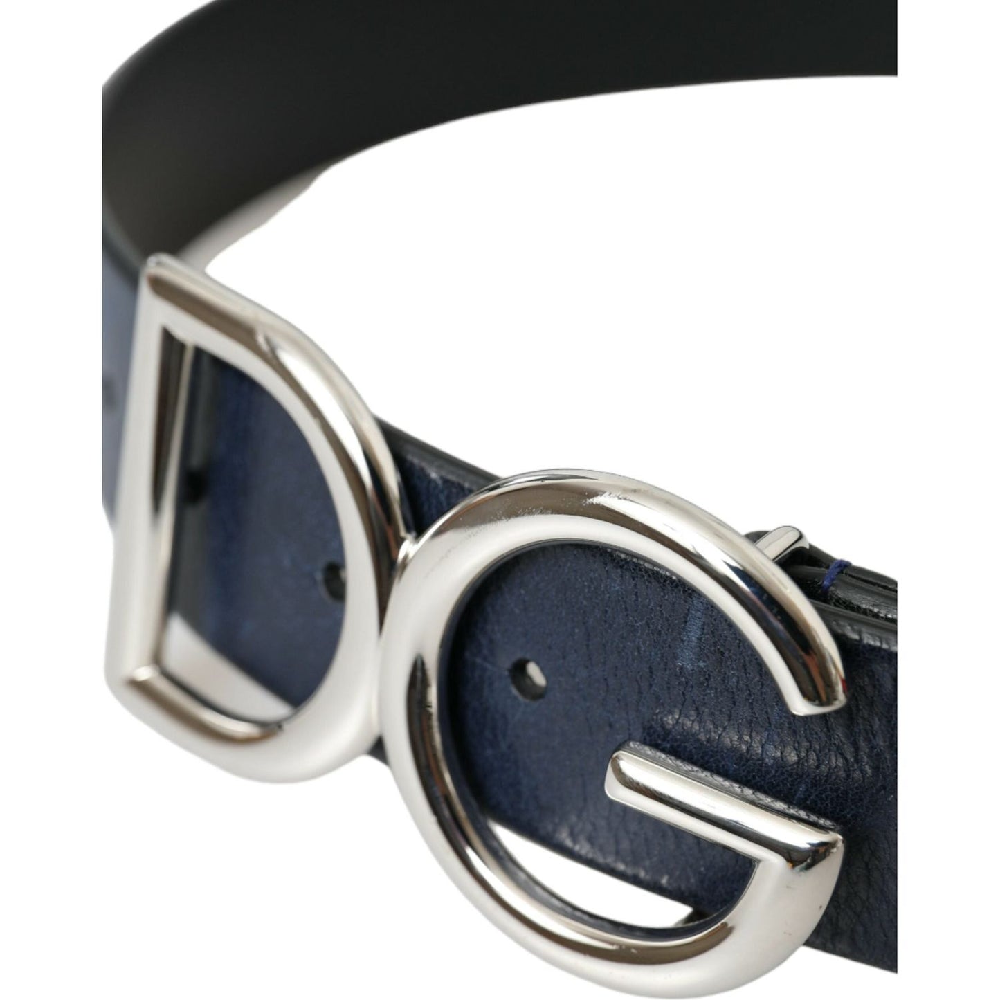 Blue Leather Silver Metal Logo Buckle Belt Men Dolce & Gabbana