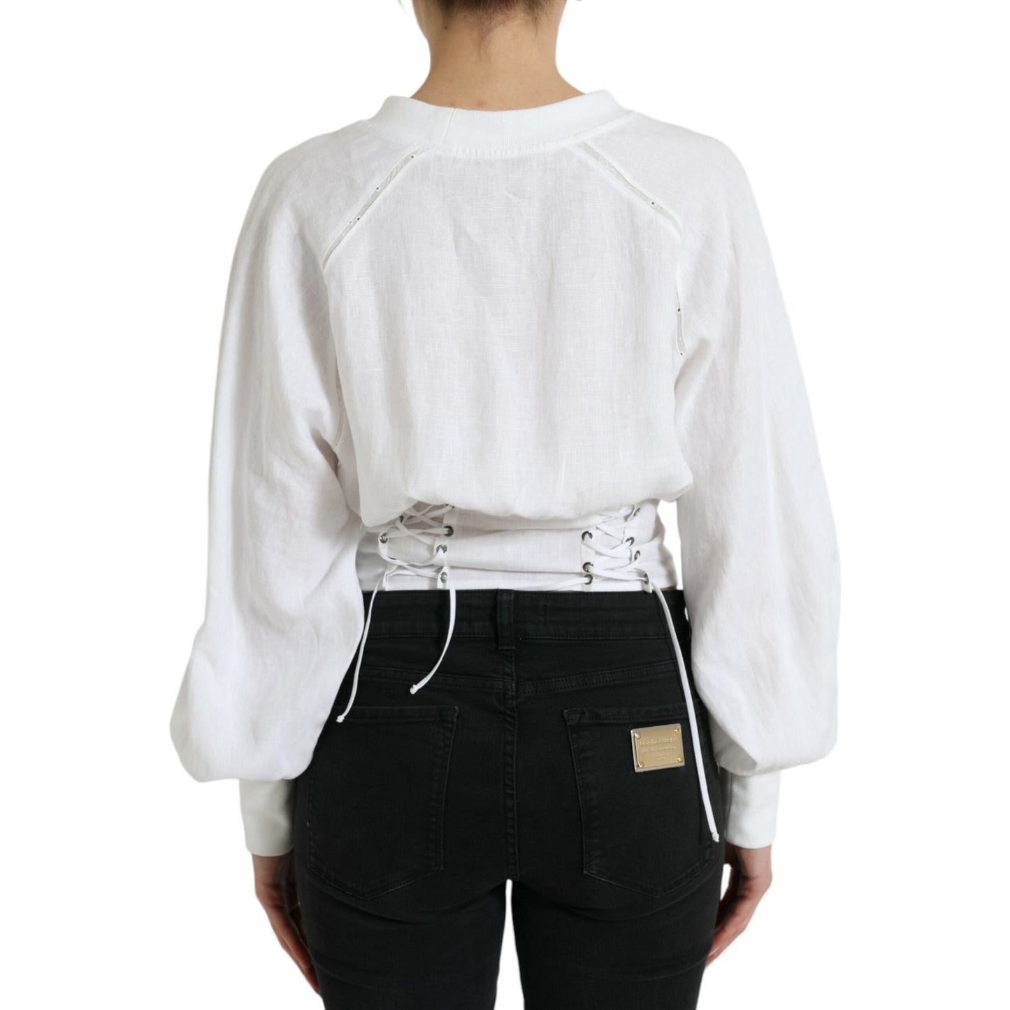 Dolce & Gabbana Elegant White Lace-Up Corset Cropped Top white-cotton-corset-cropped-long-sleeves-top
