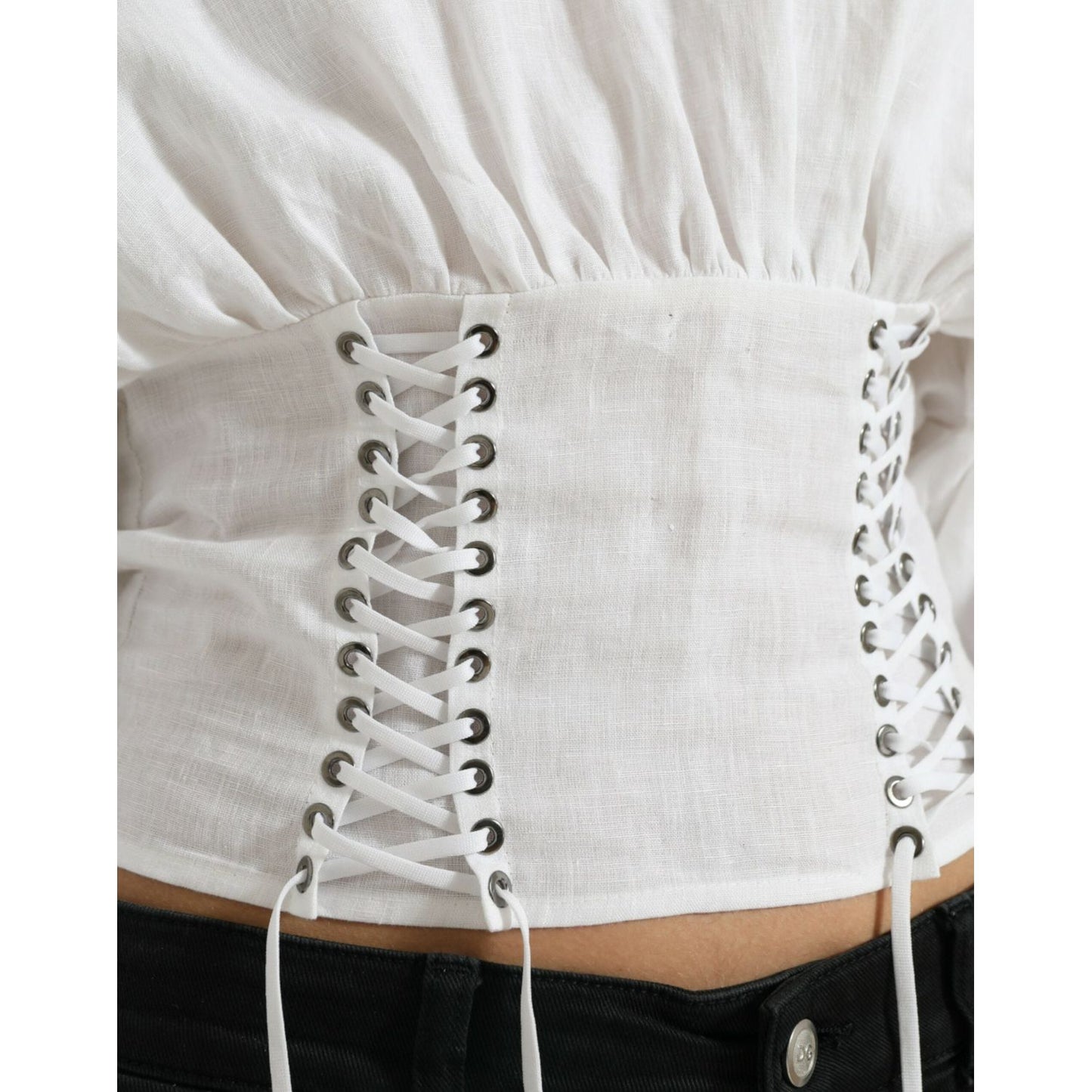 Dolce & Gabbana Elegant White Lace-Up Corset Cropped Top white-cotton-corset-cropped-long-sleeves-top