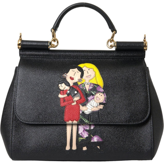 Black Leather #DGFamily Patch Top Handle Bag