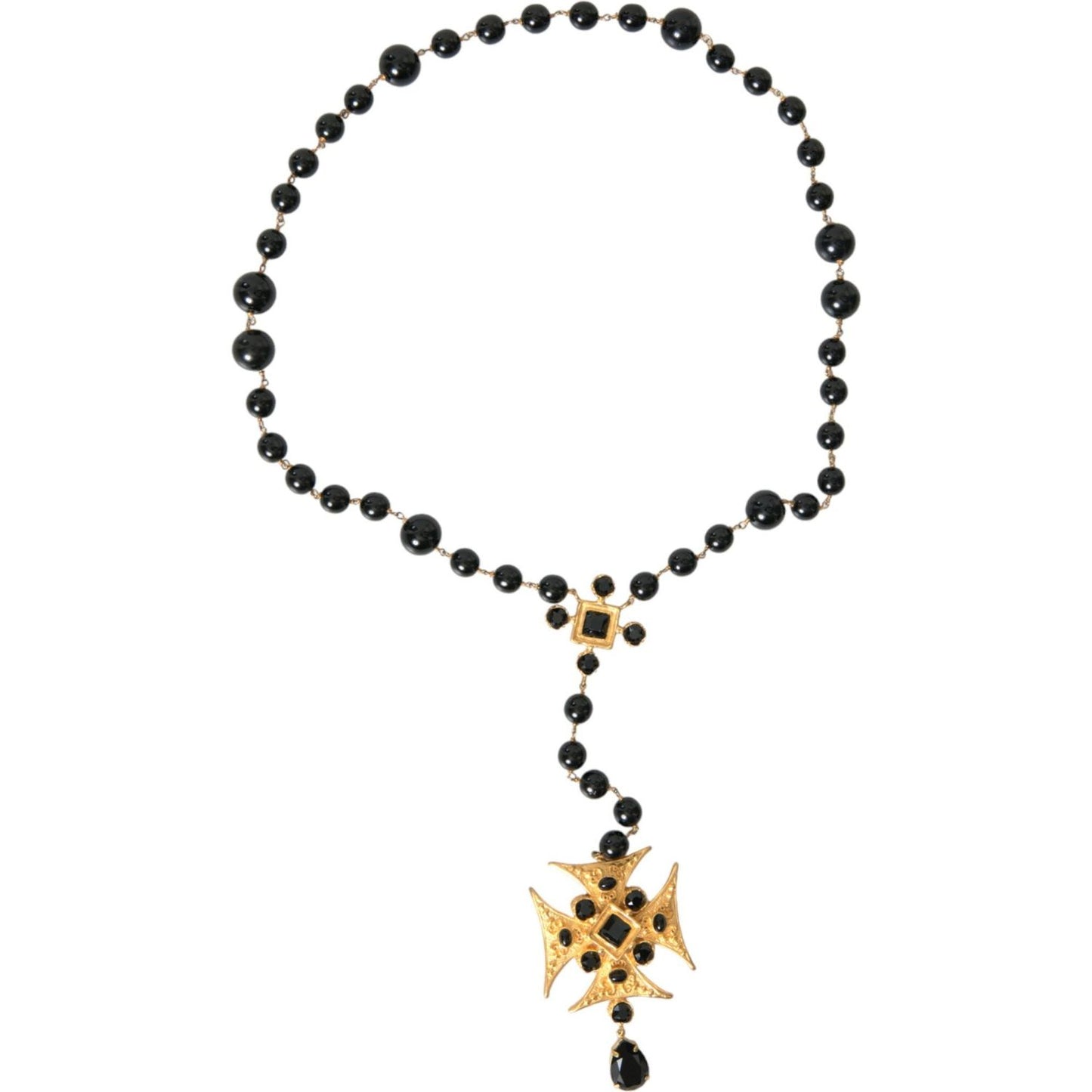 Gold Tone Brass Cross Black Beaded Chain Rosary Necklace