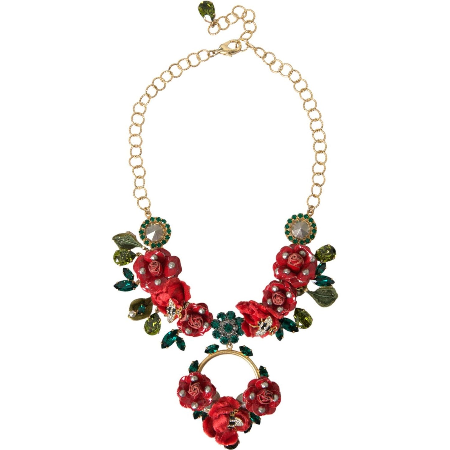 Gold Brass Link Chain Rose Petal Crystal Pendant Necklace Dolce & Gabbana