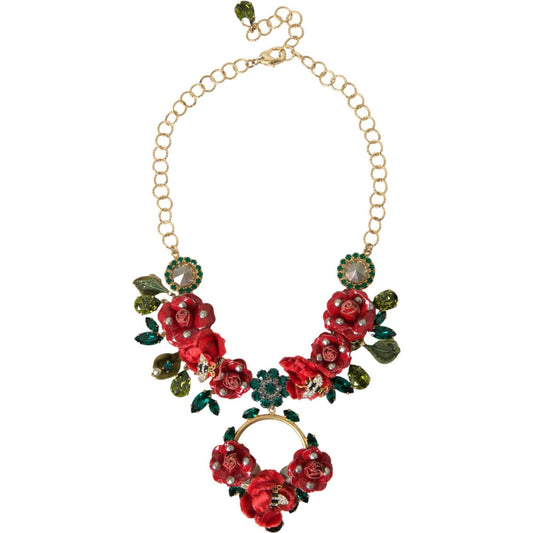 Gold Brass Link Chain Rose Petal Crystal Pendant Necklace Dolce & Gabbana