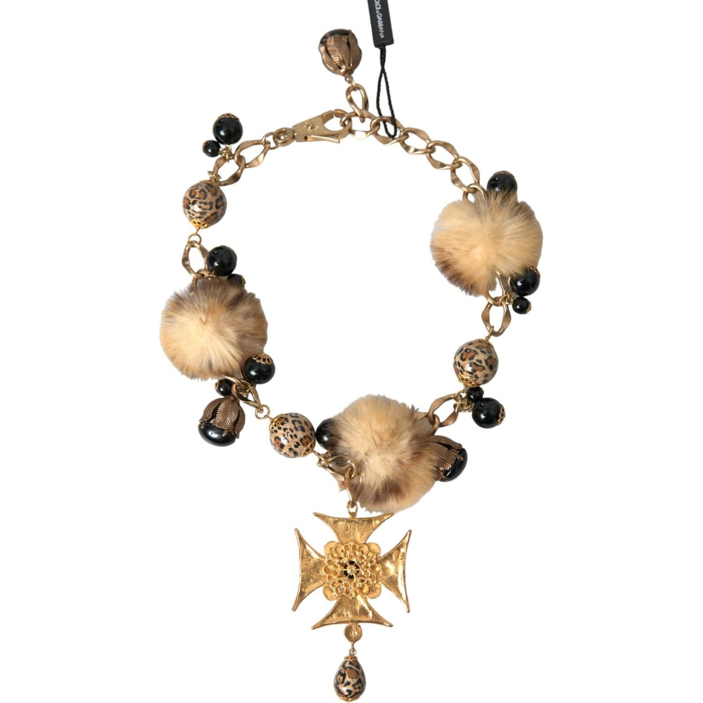 Gold Black Crystals Lapin Fur Filigree Chocker Necklace Dolce & Gabbana