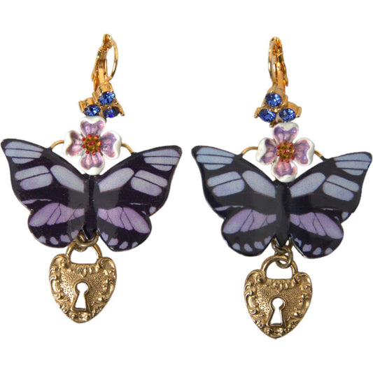 Gold Purple Crystal Butterfly Heart Locket Earrings Dolce & Gabbana