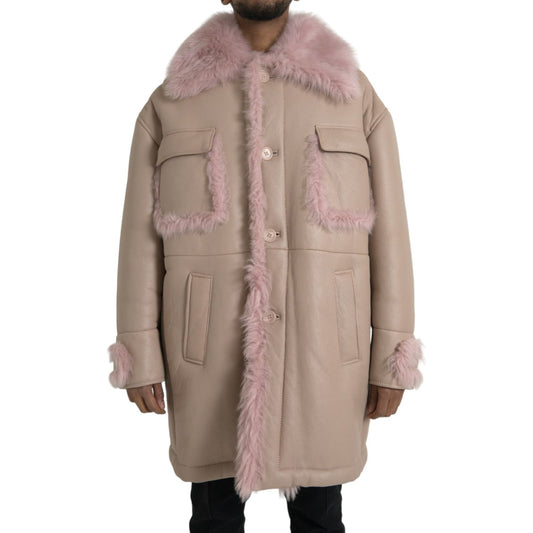 Dolce & Gabbana Beige Pink Lamb Leather Shearling Coat Jacket beige-pink-lamb-leather-shearling-coat-jacket