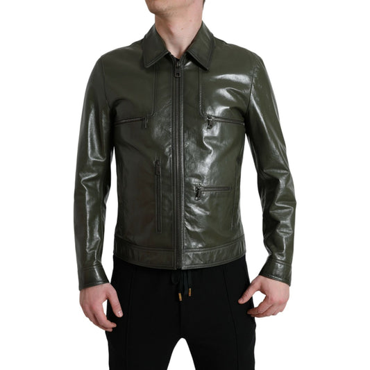 Dolce & Gabbana Emerald Elegance Leather Biker Jacket green-leather-collared-biker-full-zip-jacket