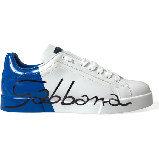 Dolce & Gabbana | White Blue Leather Low Top Sneakers Shoes| McRichard Designer Brands   