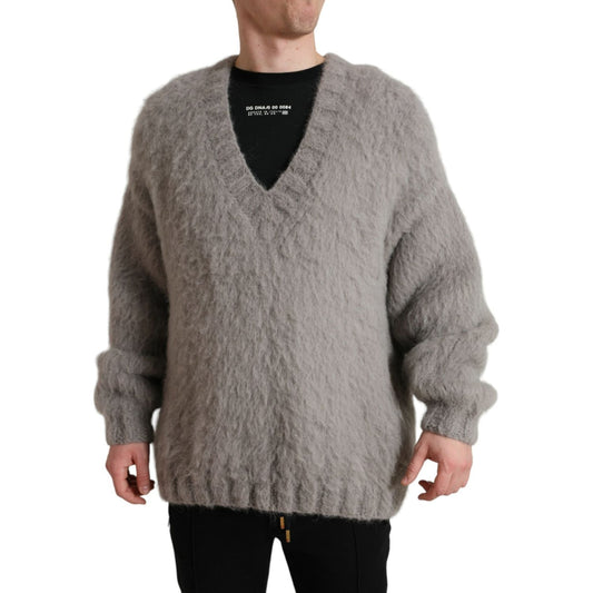 Dolce & Gabbana | Elegant Grey V-Neck Alpaca Blend Sweater| McRichard Designer Brands   