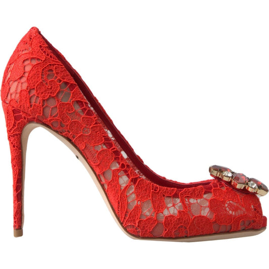Dolce & Gabbana | Chic Red Lace Heels with Crystal Embellishment| McRichard Designer Brands   