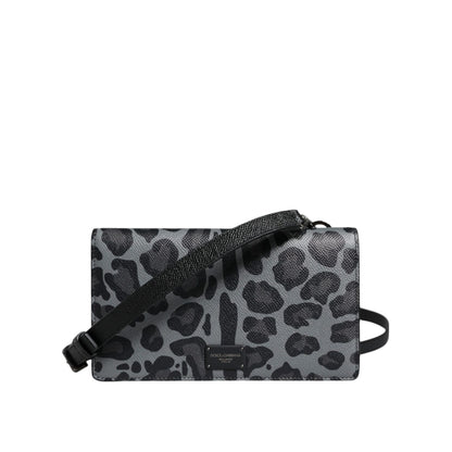 Dolce & Gabbana Black Gray Leopard Leather Bifold Card Slot Crossbody Bag