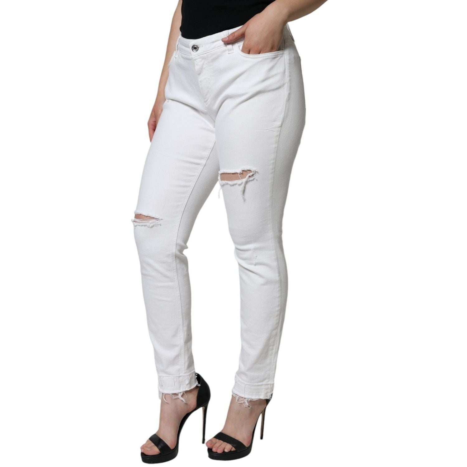 Dolce & Gabbana White Cotton Stretch Tattered Skinny Jeans