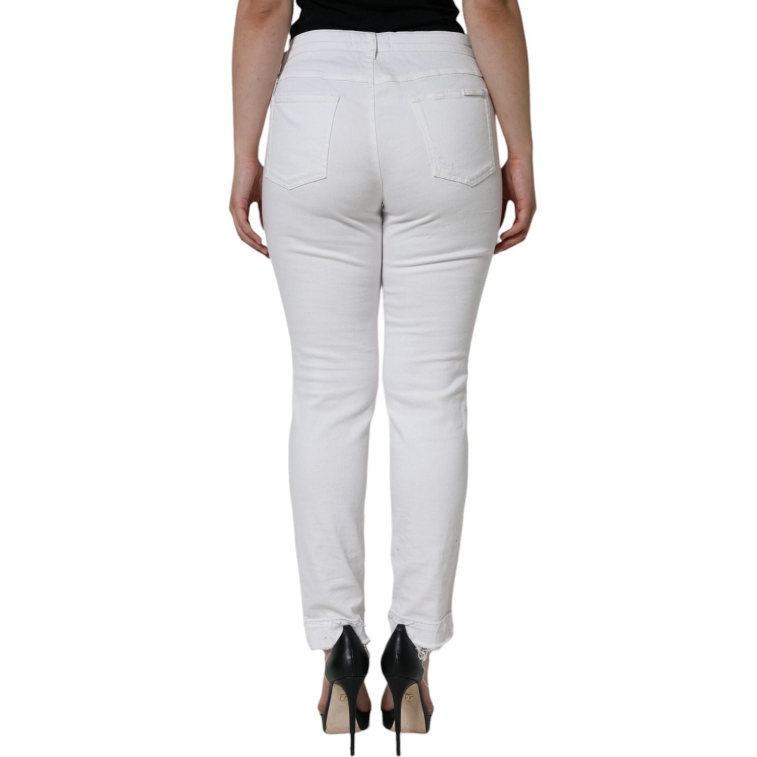 Dolce & Gabbana White Cotton Stretch Tattered Skinny Jeans