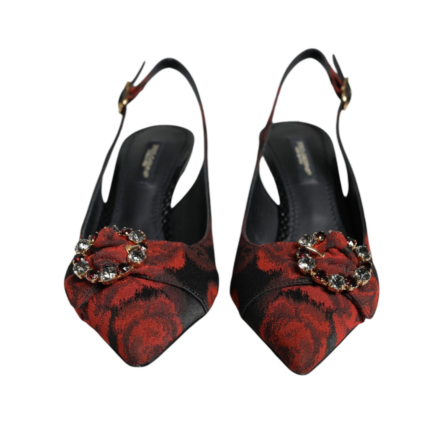 Dolce & Gabbana Black Red Floral Crystal Heel Slingback Shoes