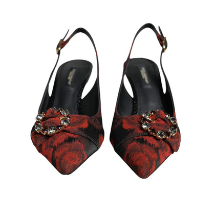 Dolce & Gabbana Black Red Floral Crystal Heel Slingback Shoes