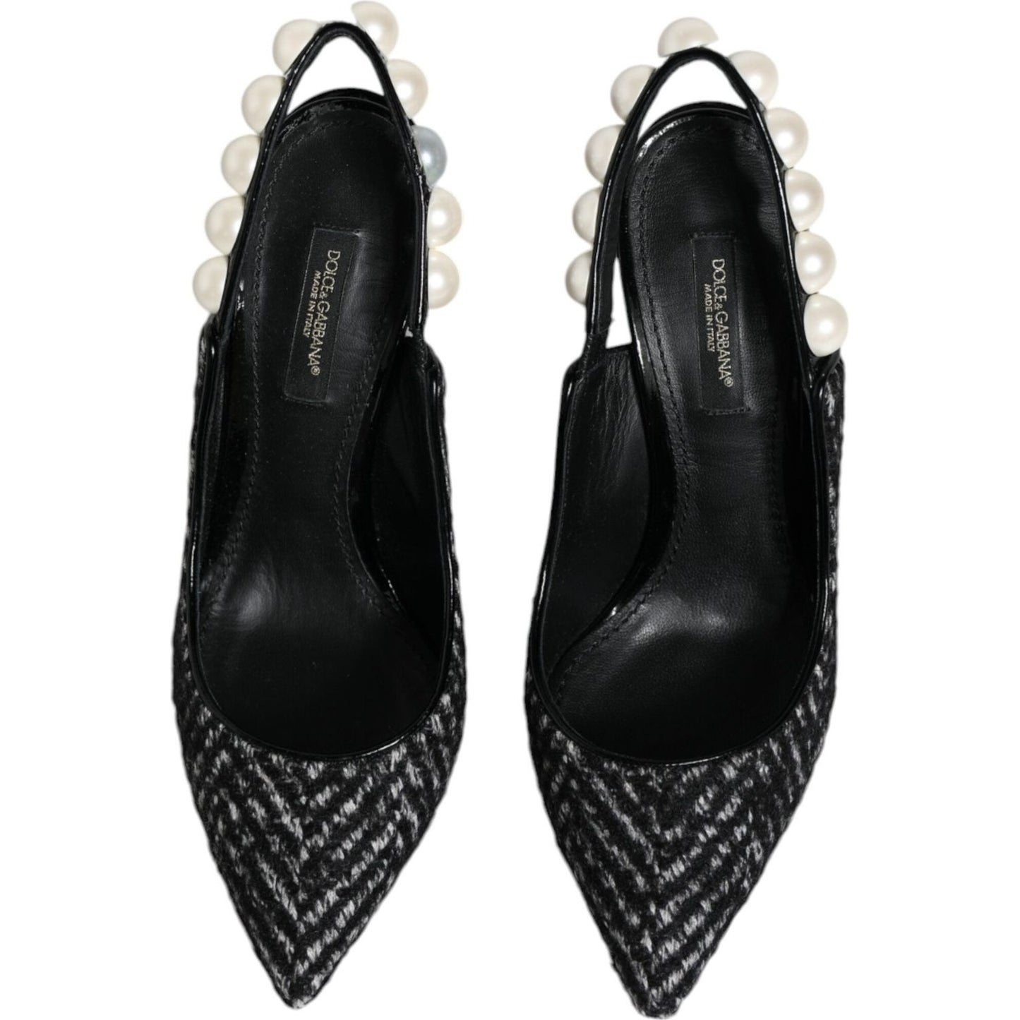 Dolce & Gabbana White Black Chevron Faux Pearl Slingback Shoes LA11760-35