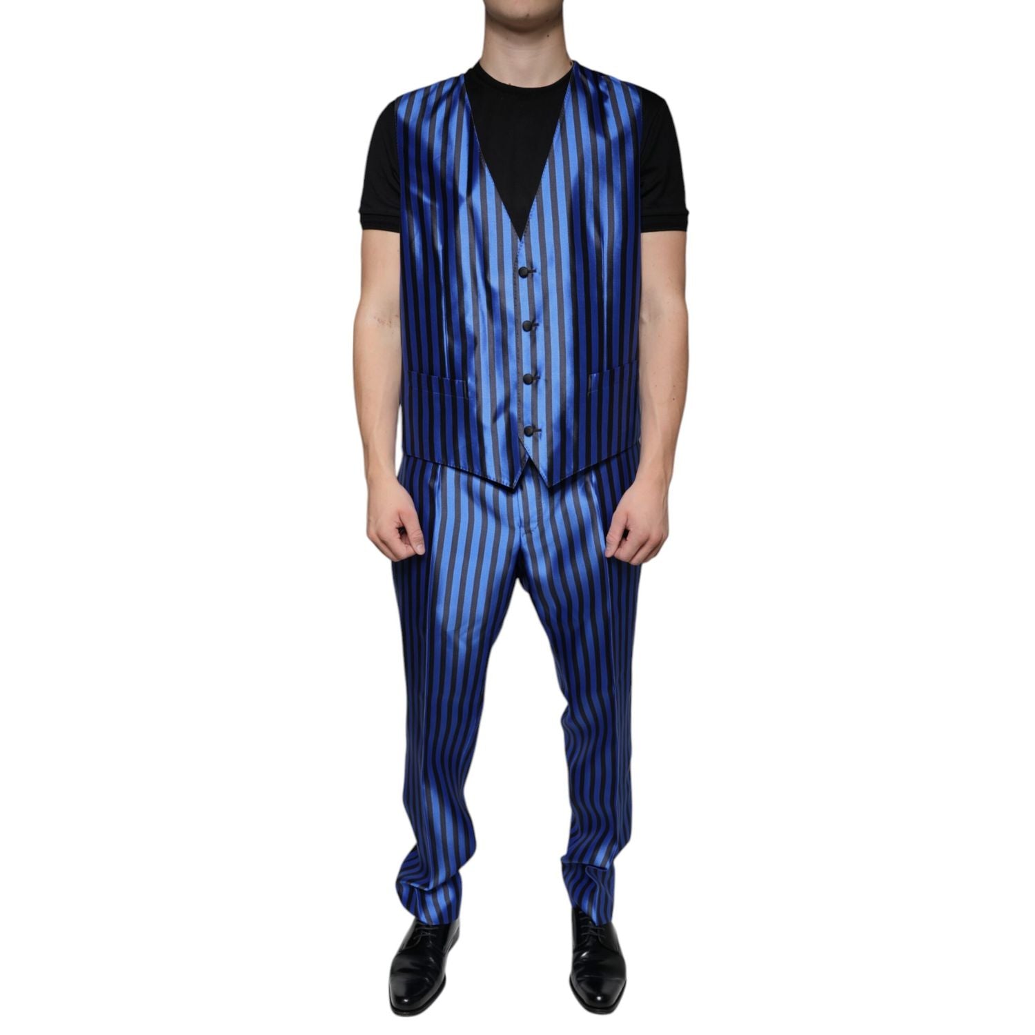 Dolce & Gabbana Metallic Blue Stripes Formal 3 Piece Suit