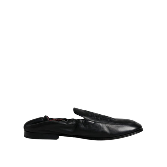 Dolce & Gabbana Black Logo Embroidered Leather Loafer Men Dress Shoes