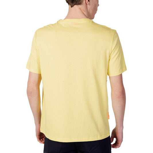 Back view of a men's yellow cotton T-shirt, part of the spring/summer collection, ideal for casual wear.