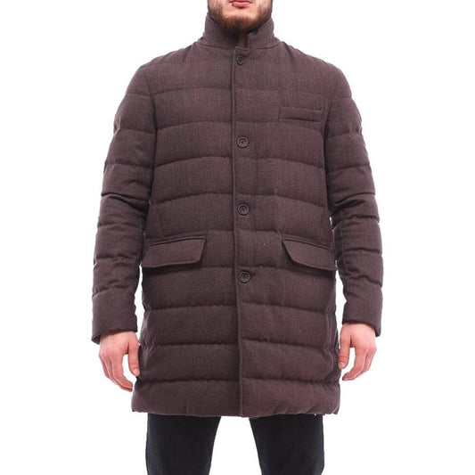 Herno brown wool quilted down jacket with goose down padding, featuring zip and button fastening, and multiple pockets.