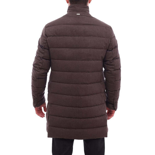 Back view of Herno brown wool quilted down jacket with goose down padding, featuring zip and button fastening and front pockets.