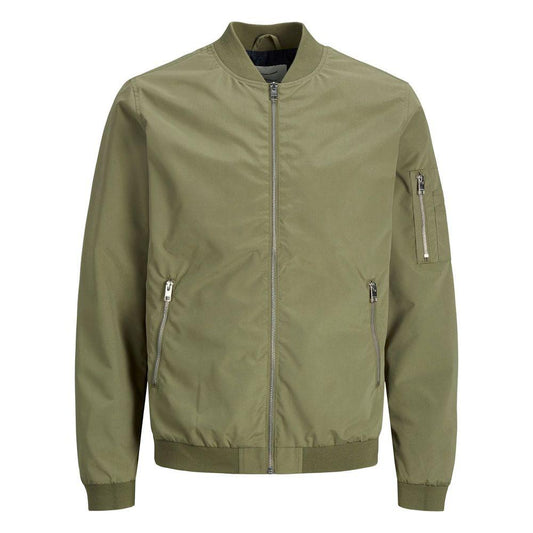 Jack Jones green polyester bomber jacket with zip closure and side pockets, perfect for casual and elegant men's outfits.