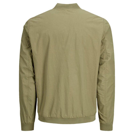 Back view of Jack & Jones green polyester bomber jacket for men, featuring a lightweight design, ideal for autumn and spring fashion.