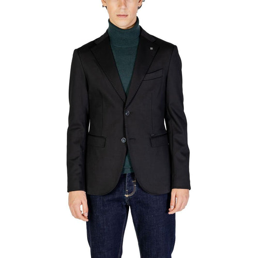 Men's Gianni Lupo black polyester blazer with viscose and elastane, fall/winter collection, front view.