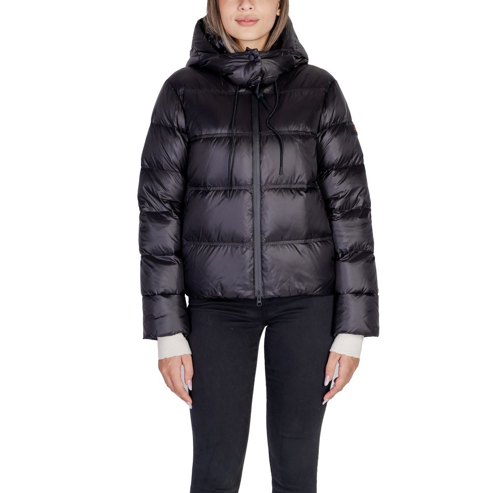 Woman wearing Peuterey Black Polyamide Jackets & Coat with adjustable hood and quilted design.