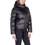 Woman wearing Peuterey Black Polyamide Jackets & Coat with adjustable hood, showcasing contemporary style and thermal insulation.