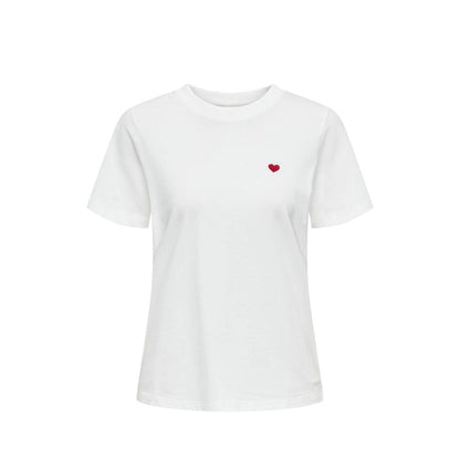 Jacqueline De Yong White Cotton T-Shirt with small embroidered heart, short sleeves, and crew neck, perfect for casual and feminine style.