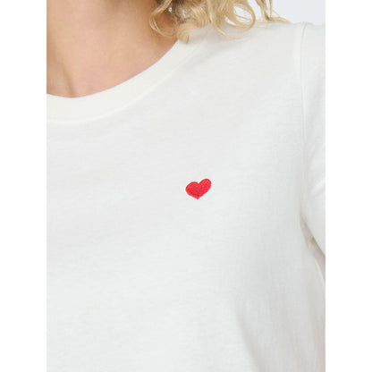 Jacqueline De Yong White Cotton T-Shirt with red embroidered heart detail on chest, short-sleeved, crew neck, casual feminine style.