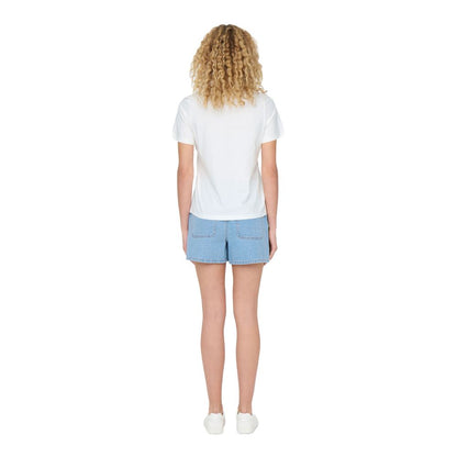 Back view of model wearing Jacqueline De Yong White Cotton T-Shirt with denim shorts, showcasing casual summer fashion.