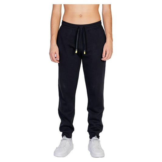 Emporio Armani black cotton sports pants with elastic waistband and drawstring, shown on a model, perfect for sports and leisure.